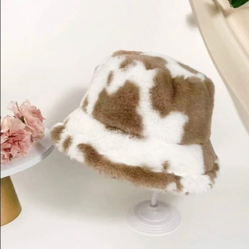Cow print fuzzy bucket hat